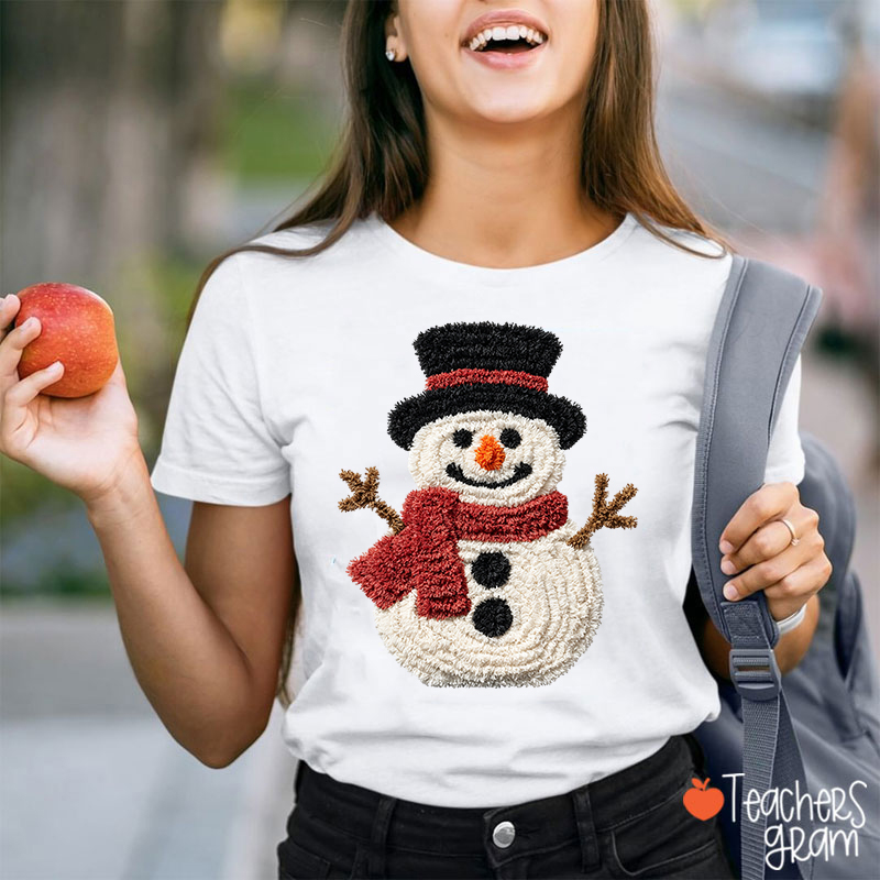 Faux Yarn Snowman Wearing A Scarf Teacher T-shirt