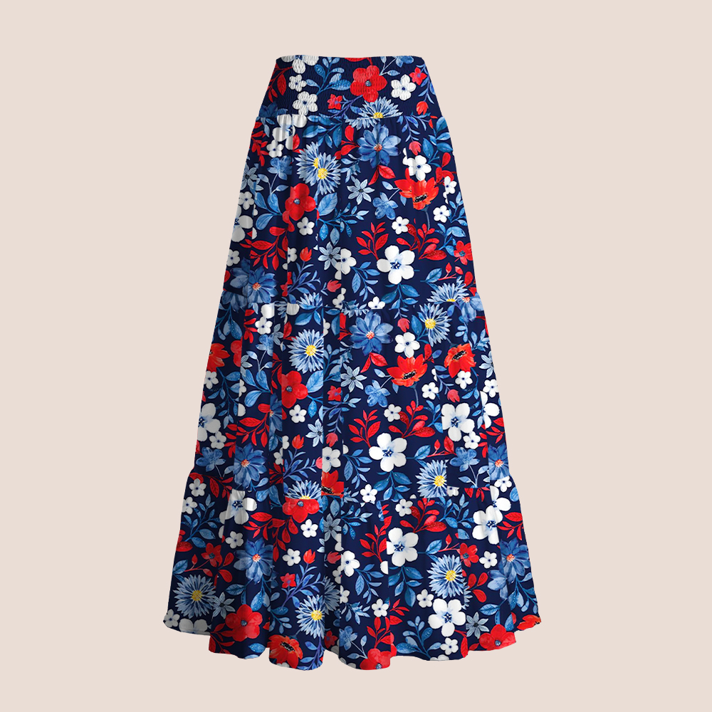Retro Red White Blue Floral Teacher Tiered Skirt
