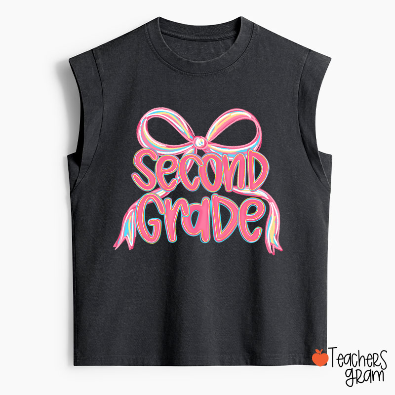 Personalized Grade Pink Bow Teacher Washed Tank Top