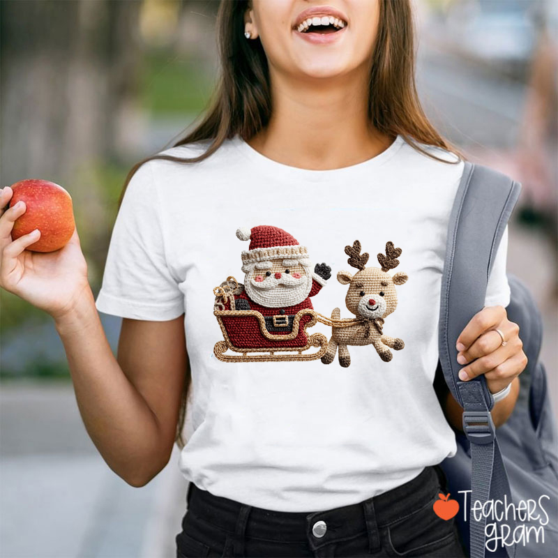 Faux Yarn Santa Claus And Elk Teacher T-Shirt