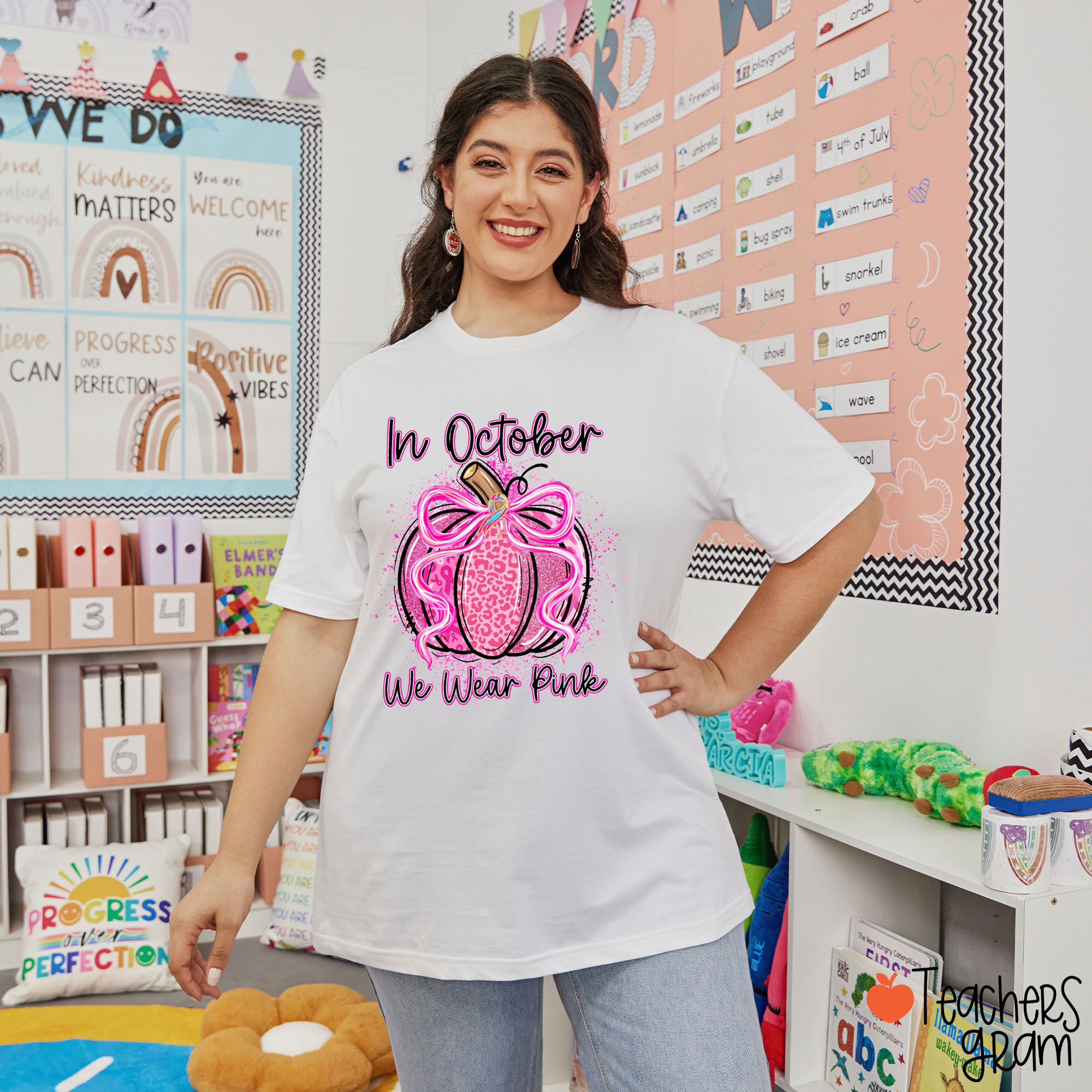 In October We Wear Pink Fall Pumpkin Teacher T-Shirt