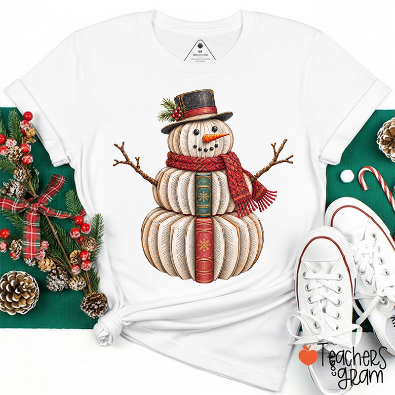 Bookish Winter Snowman Teacher T-Shirt