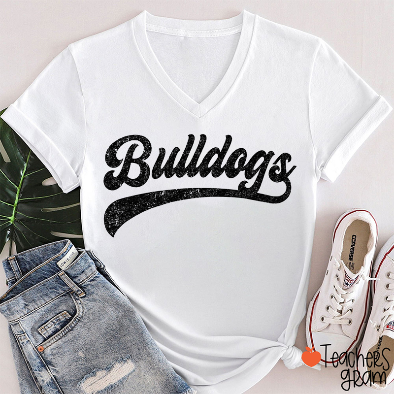 Personalized Mascot Washed And Distressed Print Teacher Female V-Neck T-Shirt
