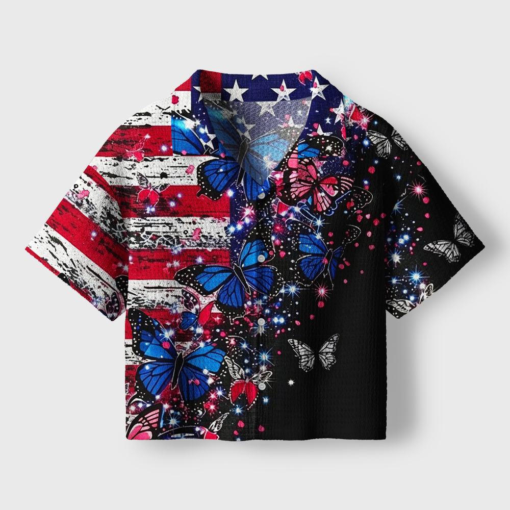 American Flag Blue Butterfly Teacher Crochet Crop Camp Shirt