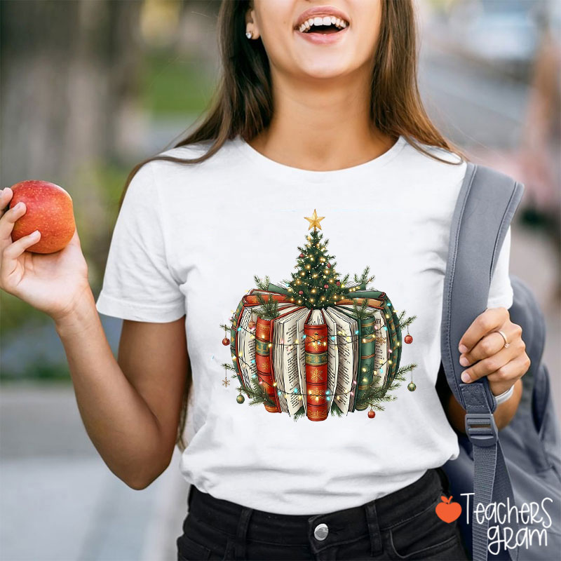 Bookish Christmas Tree Teacher T-Shirt