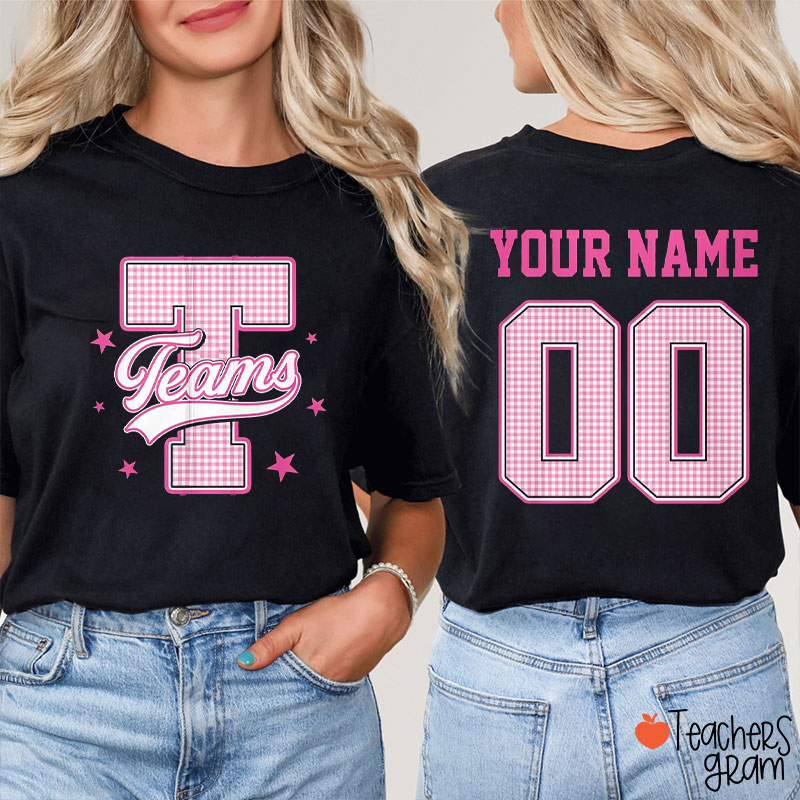 Personalized Team Checkered Letter Name Number Two Sided Teacher T-Shirt
