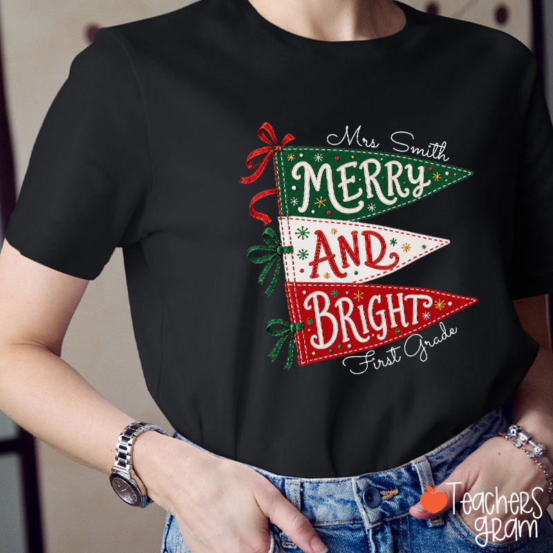 Personalized Name And Grade Merry And Bright Teacher T-Shirt