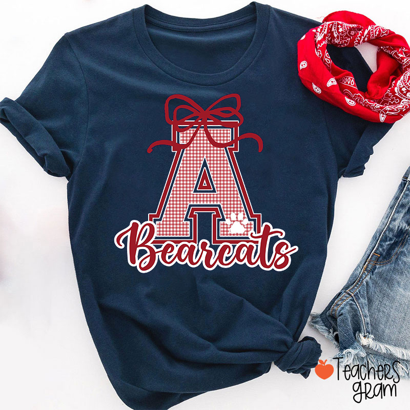 Personalized Mascot Gingham Varsity Coquette Bow Teacher T-Shirt