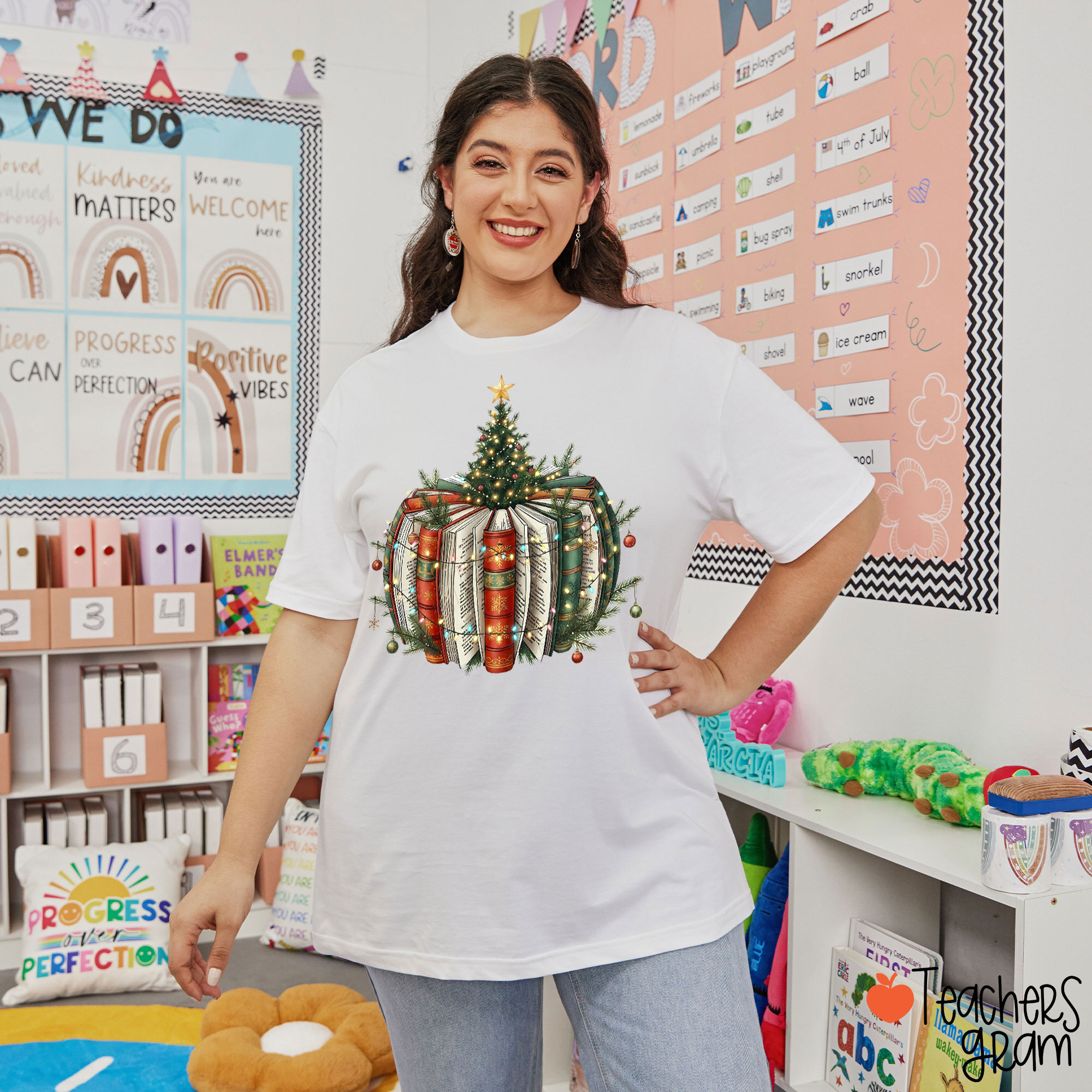 Bookish Christmas Tree Teacher T-Shirt