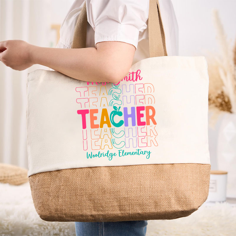 Personalized Colorful Apple Teacher Canvas Tote Bag