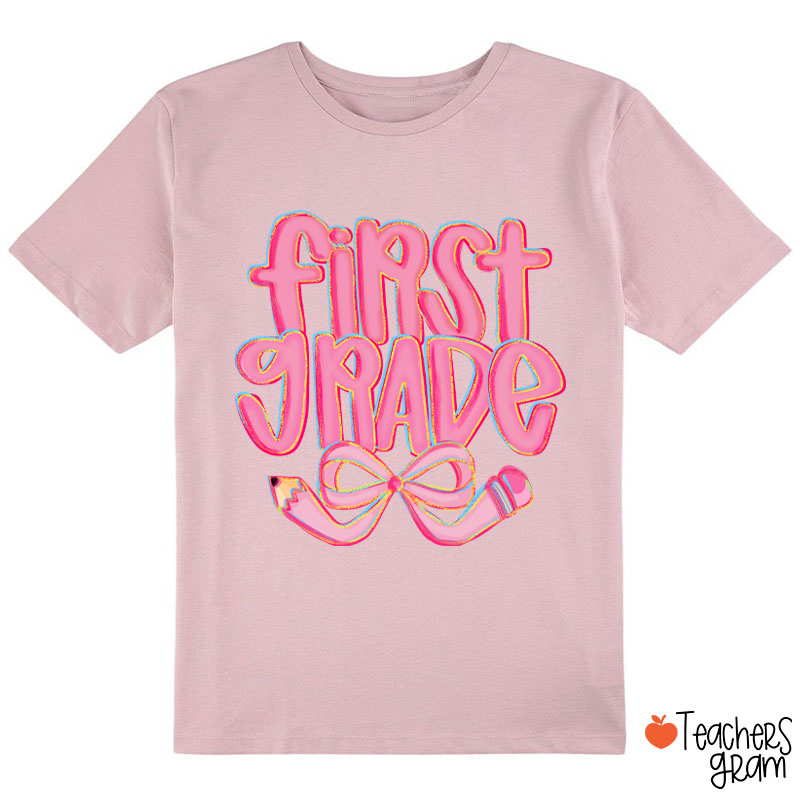 ersonalized Grade Pencil Bow Cute Pink Fonts Class T-Shirt