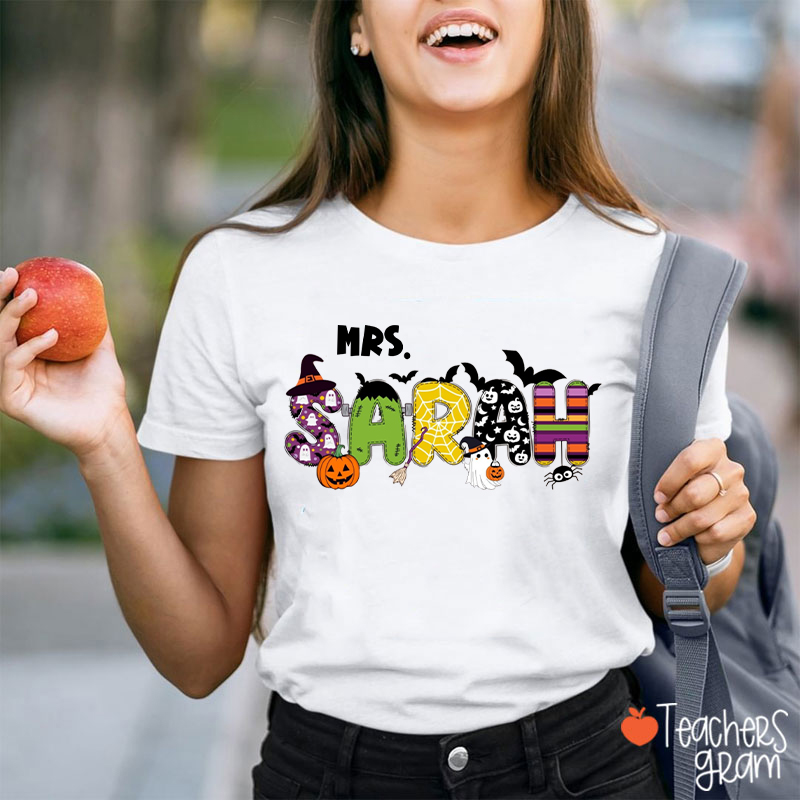 Personalized Name Halloween Bat Pumpkin Ghost Teacher T-Shirt