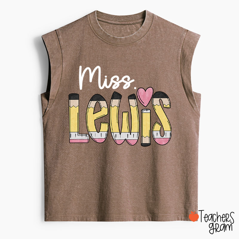 Personalized Pencil Name Teacher Washed Tank Top