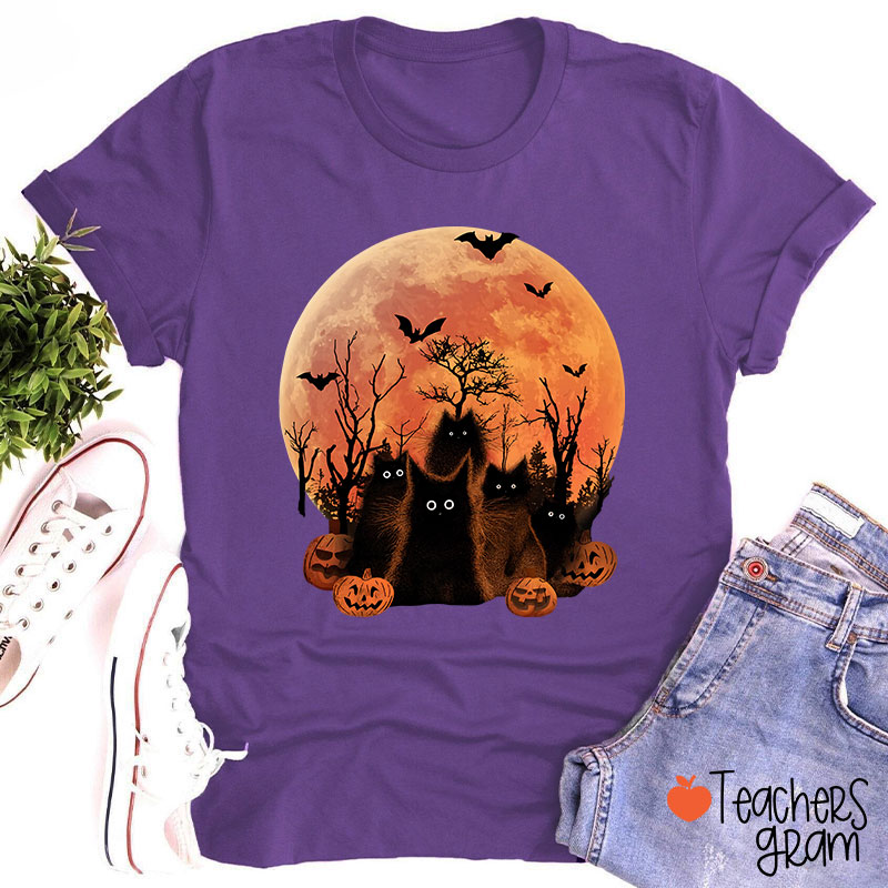 Black Cat Halloween Teacher T-Shirt