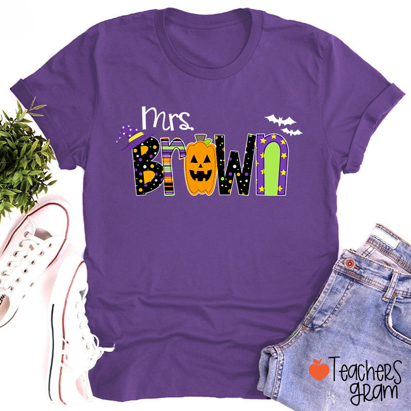 Personalized Name Pumpkin Halloween Teacher T-Shirt