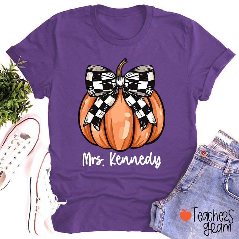 Personalized Name Pumpkin Bow Teacher T-Shirt