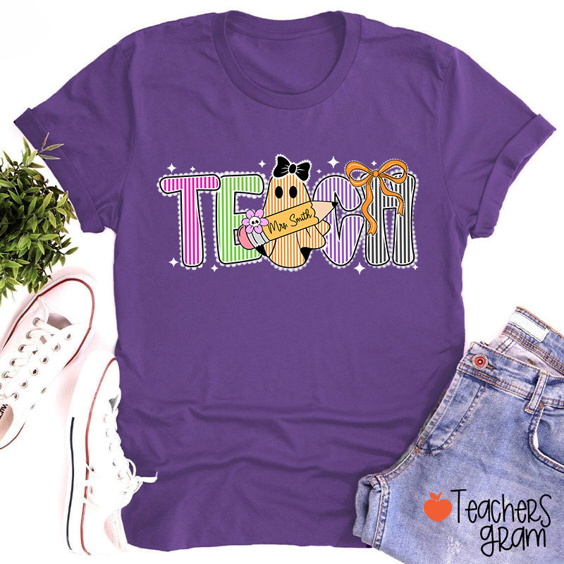 Personalized Name Preppy Teach Boo Ghost Coquette Teacher T-Shirt