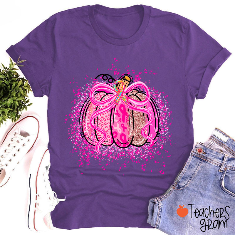 Pumpkin Theme Pink Ribbon Teacher T-Shirt