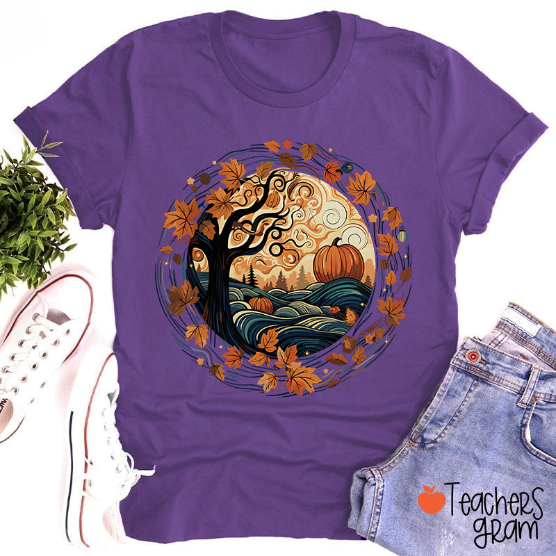 Cottagecore Pumpkins Leaves Trees Fall Vibe Teacher T-Shirt