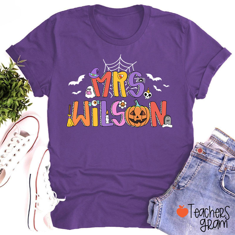 Personalized Name Spider Web Ghost Pumpkin Teacher T-Shirt