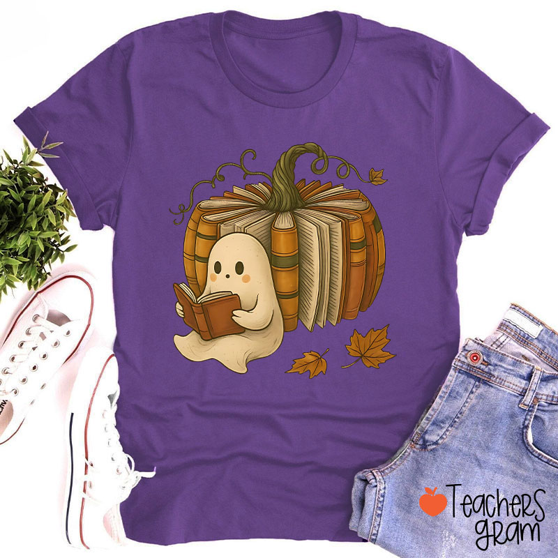 Ghost Reading Book Pumpkin Teacher T-Shirt