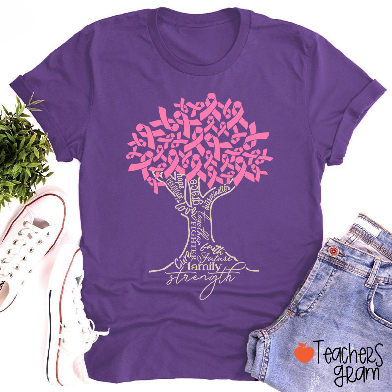 Pink Ribbon Tree Breast Cancer Teacher T-Shirt