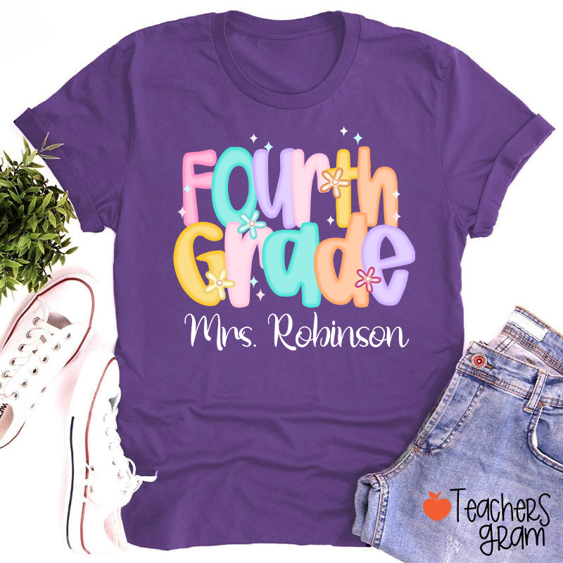 Personalized Name And Grade Candy Font Teacher T-Shirt
