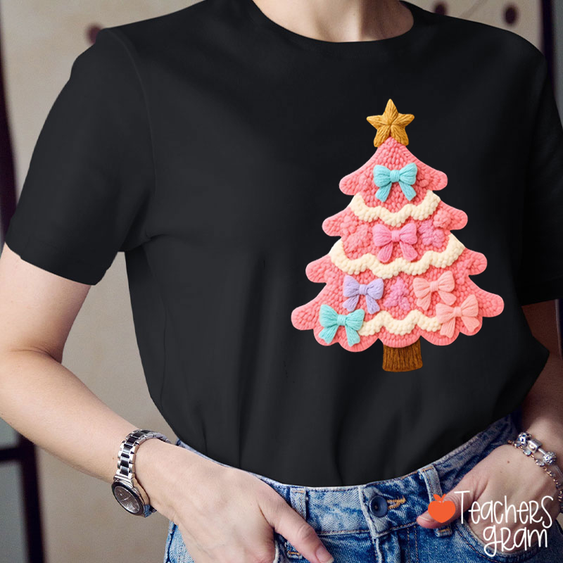 Faux Yarn Pink Christmas Tree Teacher T-shirt
