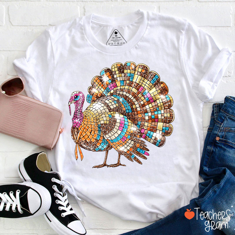 Thanksgiving Faux-Rhinestone Disco Turkey Teacher T-Shirt