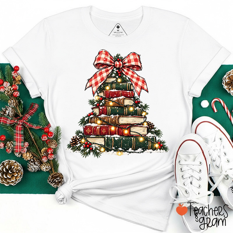 Bookish Christmas Tree Plaid Bow Teacher T-Shirt