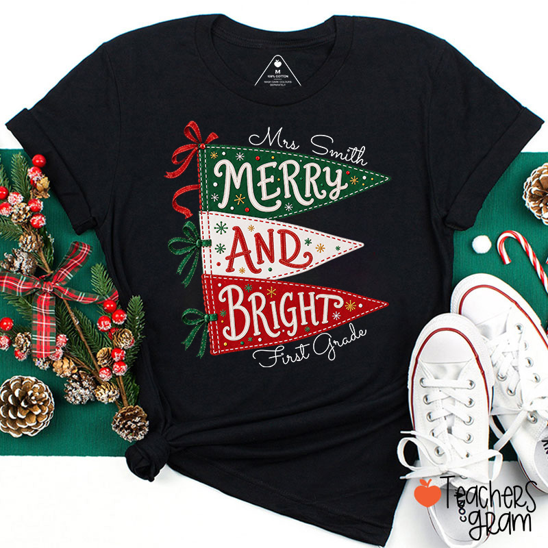 Personalized Name And Grade Merry And Bright Teacher T-Shirt