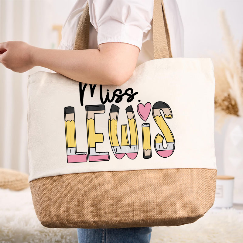 Personalized Pencil Name Teacher Canvas Tote Bag