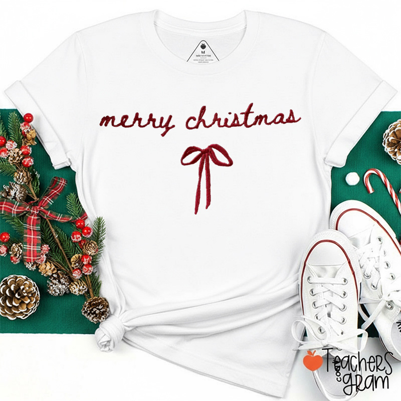 Embroidered Merry Christmas Bow Teacher T-Shirt