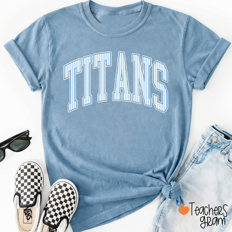 Personalized Mascot Striped Varsity Letter Teacher T-Shirt