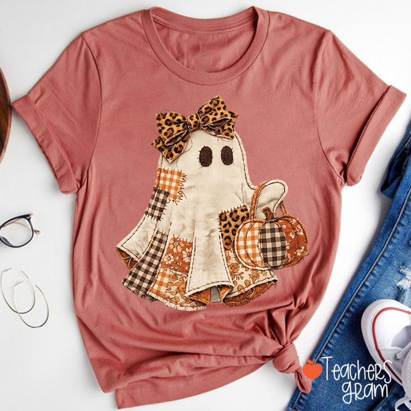 Faux Patchwork Ghost Leopard Bow Pumpkin Teacher T-Shirt