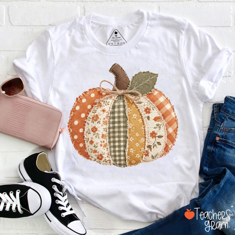Faux Patchwork Fall Pumpkin Floral Gingham Teacher T-Shirt