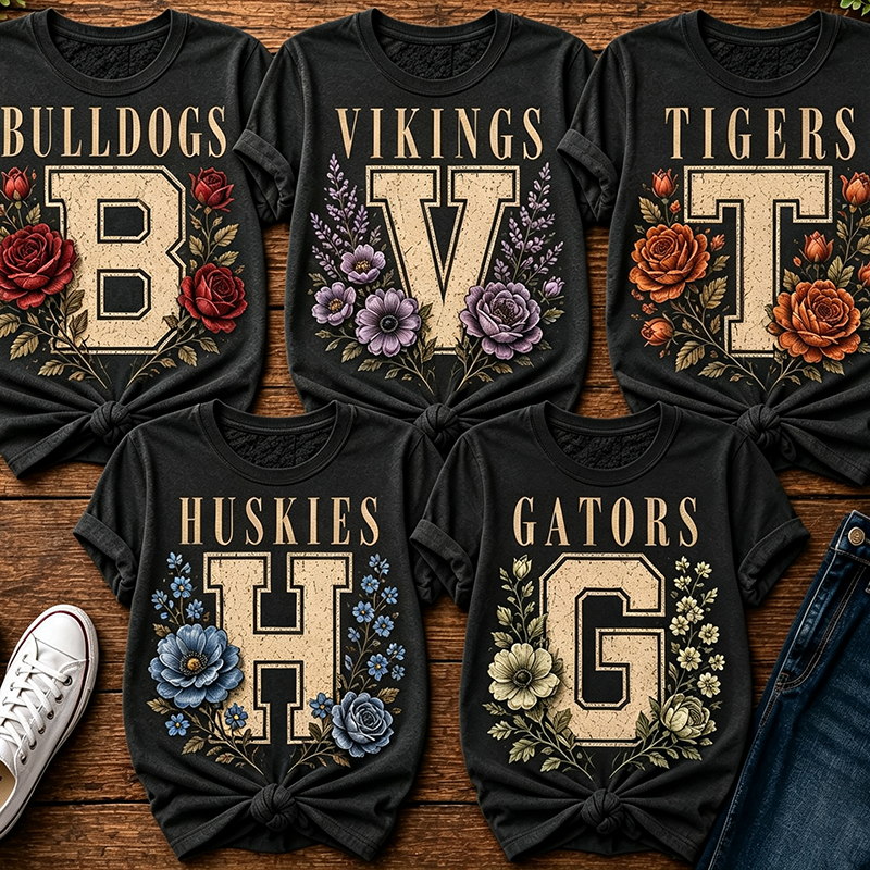 Personalized Mascot Sport Floral Initial Letter Teacher T‑Shirt