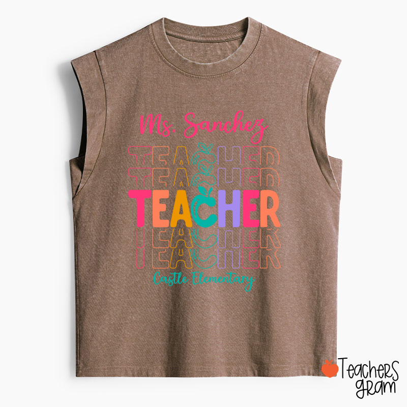 Personalized Colorful Apple Teacher Washed Tank Top