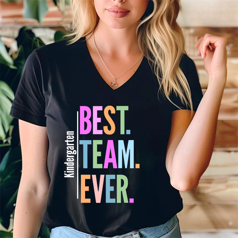 Personalized Neon Color Best Team Ever Teacher Female V-Neck T-Shirt