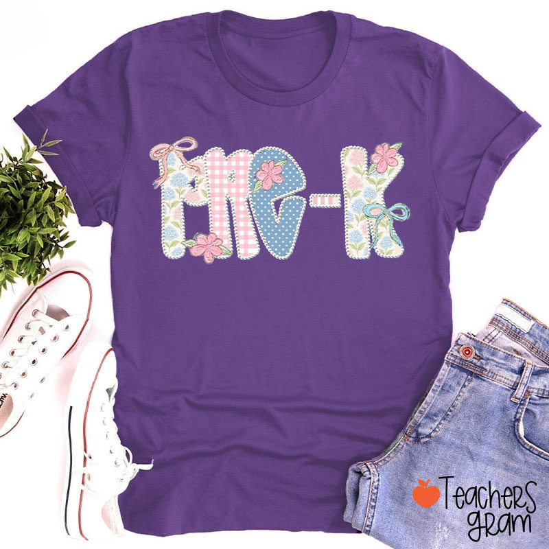 Personalized Grade Gingham Floral Bow Varsity Letter Teacher T-Shirt