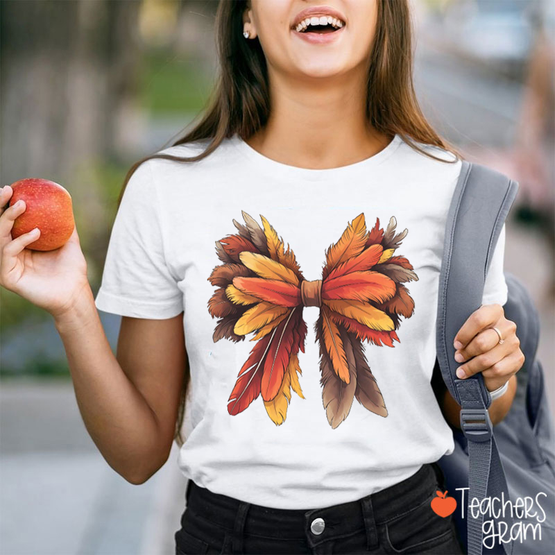 Turkey Feathers Bow Teacher T-Shirt