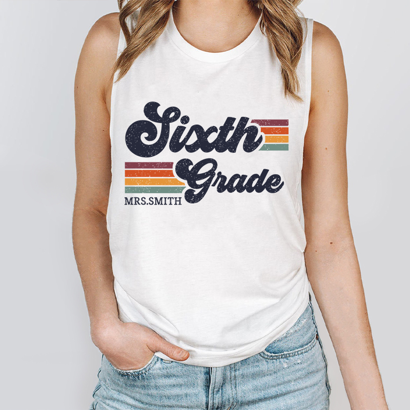 Personalized Grade And Name Retro Horizontal Stripes Teacher Tank Top