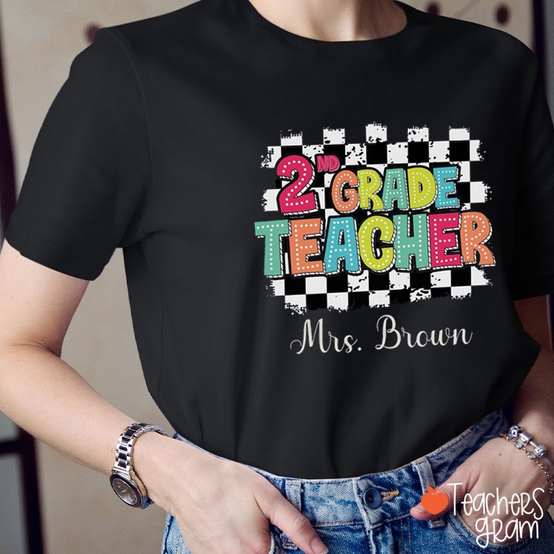 Personalized Black And White Checkerboard Grade And Name Teacher T-Shirt