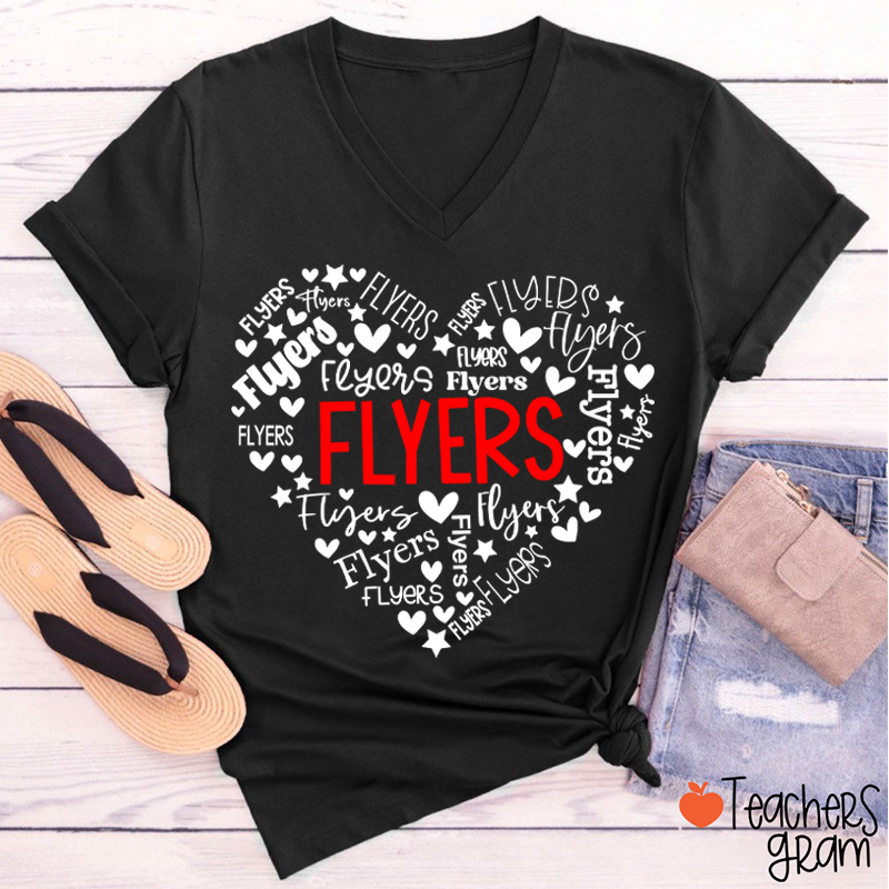 Personalized Mascot Heart Teacher Female V-Neck T-Shirt