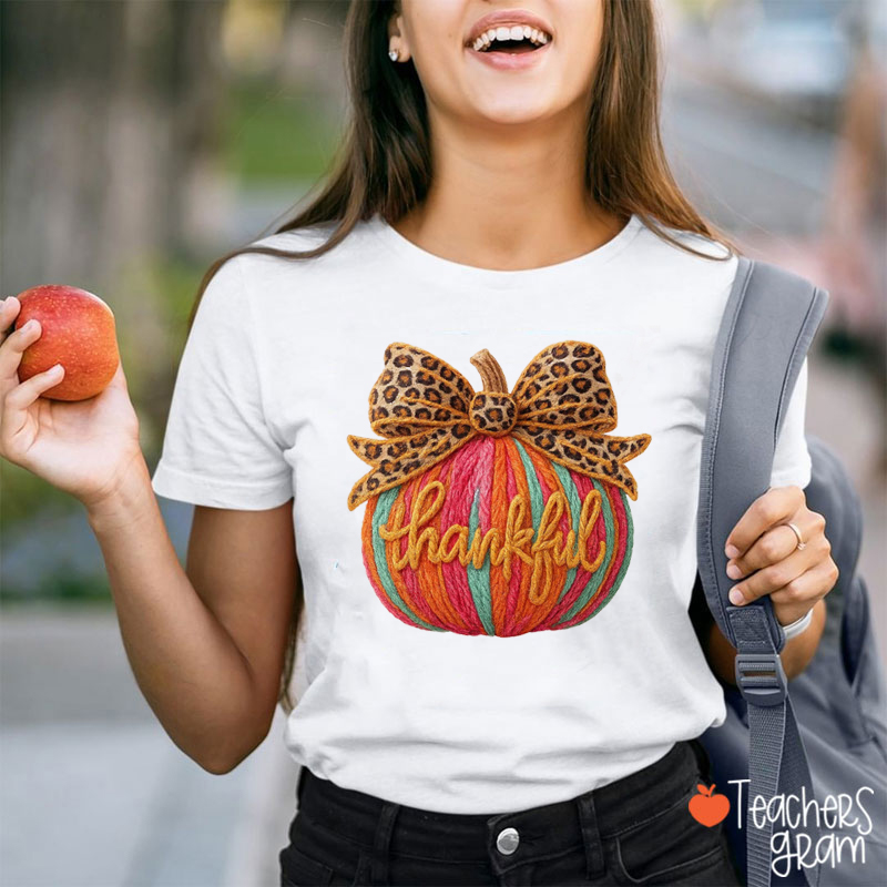 Faux Yarn Give Thanks Leopard Pumpkin Teacher T-Shirt
