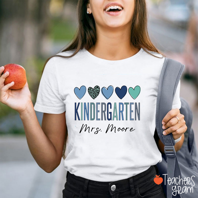 Personalized Blue Hearts Grade And Name Teacher T-Shirt