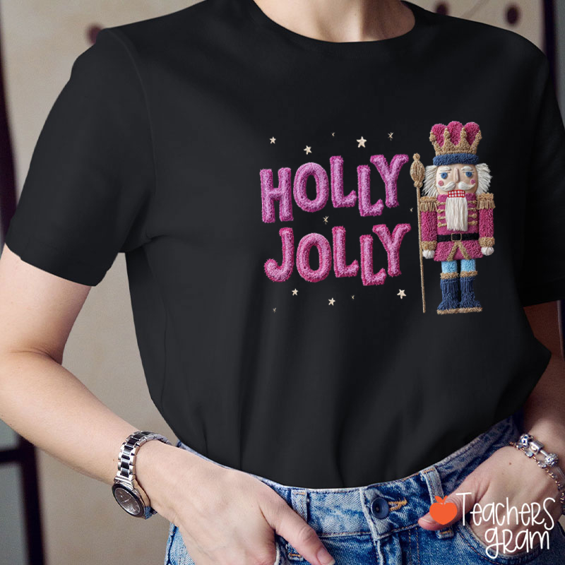 Faux Yarn Holly Jolly Merry Christmas Teacher T-Shirt