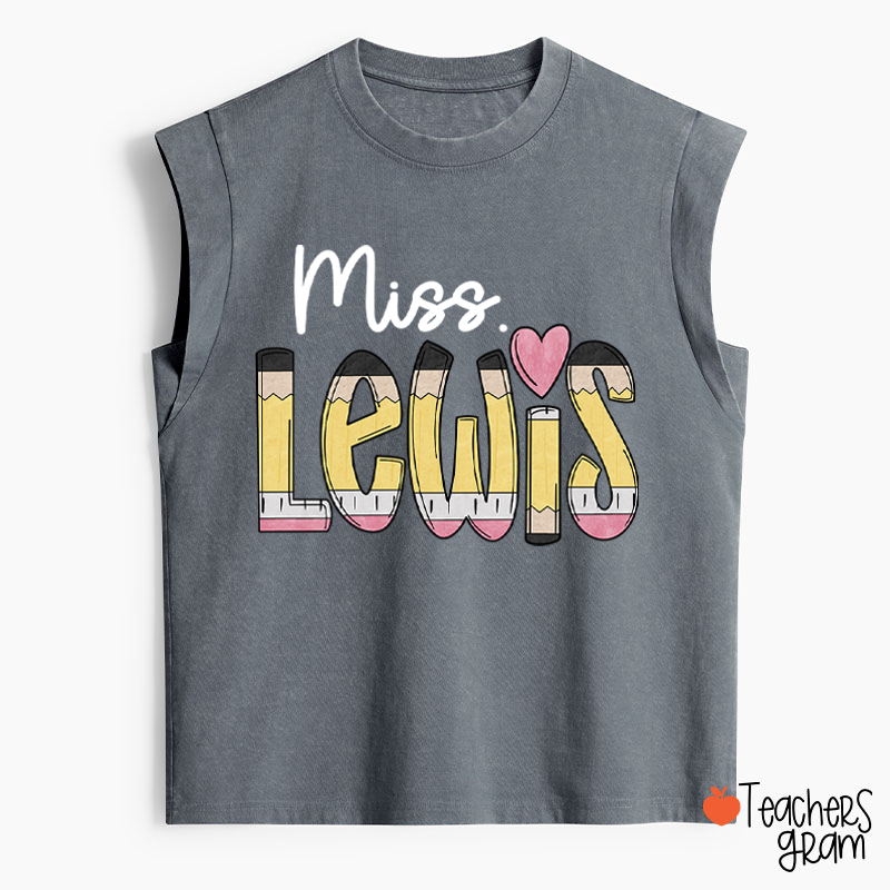 Personalized Pencil Name Teacher Washed Tank Top