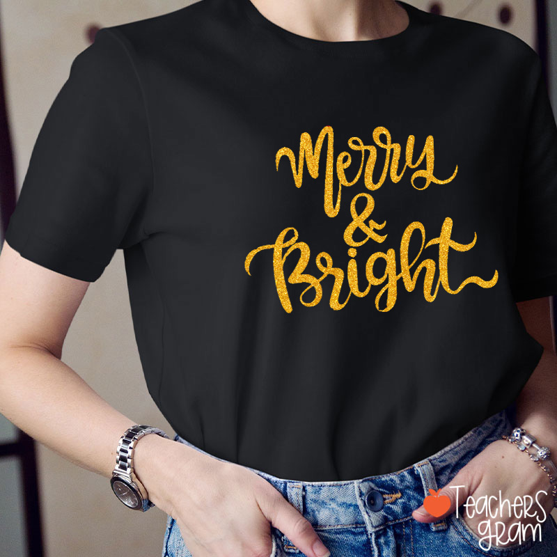 Personalized Color Hand Lettered Merry And Bright Teacher T-Shirt