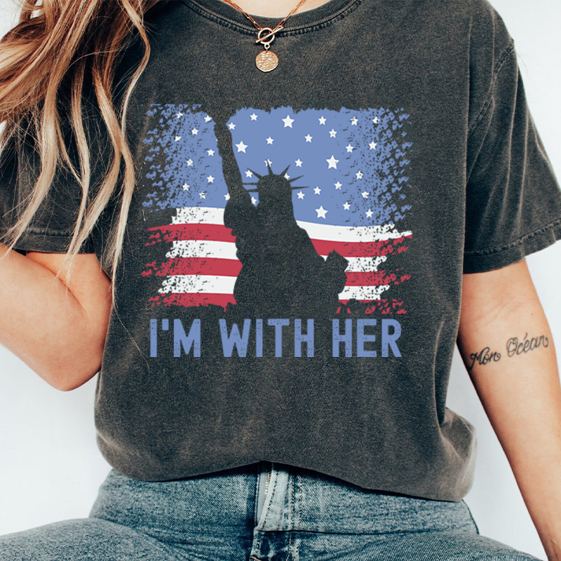 America Flag I'm With Her Teacher Washed T-Shirt